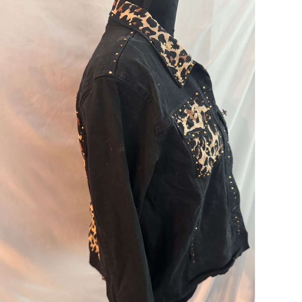 Janie New York Black Denim Jacket Leopard Print Studded Trucker Women Large - Picture 6 of 13